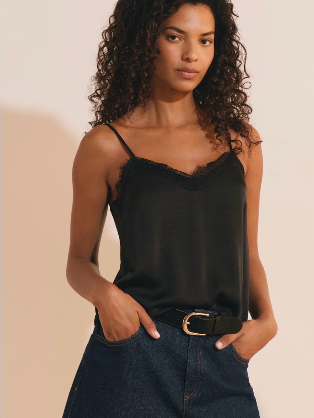 Satin Lace Trim Black Camisole Tank Top